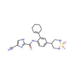 N#Cc1c[nH]c(C(=O)Nc2ccc(C3CNS(=O)(=O)NC3)cc2C2=CCCCC2)n1 ZINC000053295907
