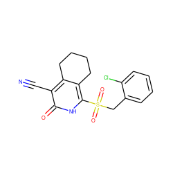 N#Cc1c2c(c(S(=O)(=O)Cc3ccccc3Cl)[nH]c1=O)CCCC2 ZINC000073168272