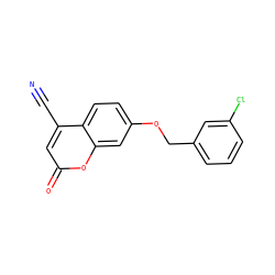 N#Cc1cc(=O)oc2cc(OCc3cccc(Cl)c3)ccc12 ZINC000103243555