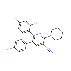 N#Cc1cc(-c2ccc(Cl)cc2)c(-c2ccc(Cl)cc2Cl)nc1N1CCCCC1 ZINC000028902986