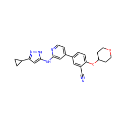 N#Cc1cc(-c2ccnc(Nc3cc(C4CC4)n[nH]3)c2)ccc1OC1CCOCC1 ZINC000146528966