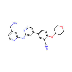 N#Cc1cc(-c2ccnc(Nc3cc(CN)ccn3)c2)ccc1OC1CCOCC1 ZINC000146588902