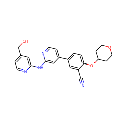 N#Cc1cc(-c2ccnc(Nc3cc(CO)ccn3)c2)ccc1OC1CCOCC1 ZINC000146555178