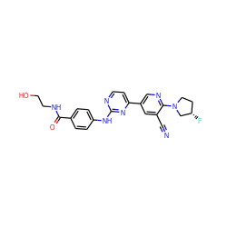 N#Cc1cc(-c2ccnc(Nc3ccc(C(=O)NCCO)cc3)n2)cnc1N1CC[C@H](F)C1 ZINC000221966393