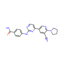 N#Cc1cc(-c2ccnc(Nc3ccc(C(N)=O)cc3)n2)cnc1N1CCCC1 ZINC000221216889