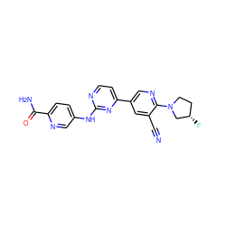 N#Cc1cc(-c2ccnc(Nc3ccc(C(N)=O)nc3)n2)cnc1N1CC[C@H](F)C1 ZINC000221244906