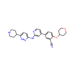 N#Cc1cc(-c2ccnc(Nc3ccc(C4CCNCC4)nn3)c2)ccc1OC1CCOCC1 ZINC000146476626