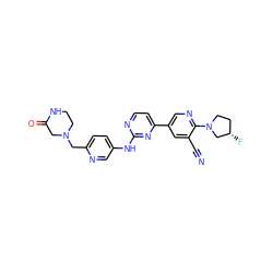 N#Cc1cc(-c2ccnc(Nc3ccc(CN4CCNC(=O)C4)nc3)n2)cnc1N1CC[C@H](F)C1 ZINC000221138899