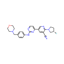 N#Cc1cc(-c2ccnc(Nc3ccc(CN4CCOCC4)cc3)n2)cnc1N1CC[C@H](F)C1 ZINC000221373073