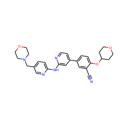 N#Cc1cc(-c2ccnc(Nc3ccc(CN4CCOCC4)cn3)c2)ccc1OC1CCOCC1 ZINC000146507798