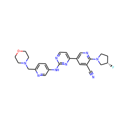 N#Cc1cc(-c2ccnc(Nc3ccc(CN4CCOCC4)nc3)n2)cnc1N1CC[C@H](F)C1 ZINC000221004586