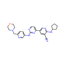 N#Cc1cc(-c2ccnc(Nc3ccc(CN4CCOCC4)nc3)n2)cnc1NC1CCCC1 ZINC000221272640