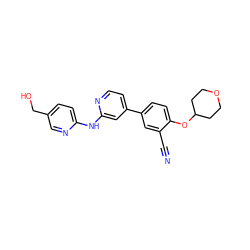 N#Cc1cc(-c2ccnc(Nc3ccc(CO)cn3)c2)ccc1OC1CCOCC1 ZINC000146495594