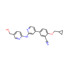 N#Cc1cc(-c2ccnc(Nc3ccc(CO)cn3)c2)ccc1OCC1CC1 ZINC000146566252