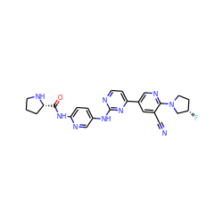 N#Cc1cc(-c2ccnc(Nc3ccc(NC(=O)[C@@H]4CCCN4)nc3)n2)cnc1N1CC[C@H](F)C1 ZINC000220978692