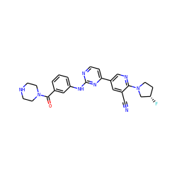 N#Cc1cc(-c2ccnc(Nc3cccc(C(=O)N4CCNCC4)c3)n2)cnc1N1CC[C@H](F)C1 ZINC000221244279