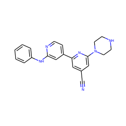 N#Cc1cc(-c2ccnc(Nc3ccccc3)c2)nc(N2CCNCC2)c1 ZINC000058547999