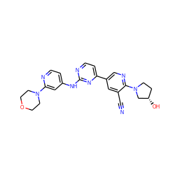 N#Cc1cc(-c2ccnc(Nc3ccnc(N4CCOCC4)c3)n2)cnc1N1CC[C@H](O)C1 ZINC000221004764