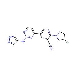 N#Cc1cc(-c2ccnc(Nc3cn[nH]c3)n2)cnc1N1CC[C@H](F)C1 ZINC000220978493