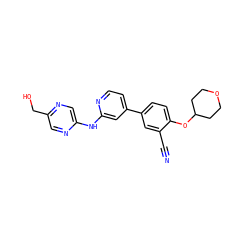 N#Cc1cc(-c2ccnc(Nc3cnc(CO)cn3)c2)ccc1OC1CCOCC1 ZINC000146507146