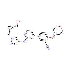 N#Cc1cc(-c2ccnc(Nc3cnn(C[C@H]4C[C@@H]4CO)c3)c2)ccc1OC1CCOCC1 ZINC000146515390