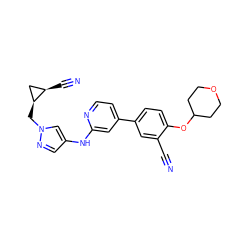 N#Cc1cc(-c2ccnc(Nc3cnn(C[C@H]4C[C@H]4C#N)c3)c2)ccc1OC1CCOCC1 ZINC000146431199