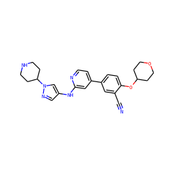 N#Cc1cc(-c2ccnc(Nc3cnn(C4CCNCC4)c3)c2)ccc1OC1CCOCC1 ZINC000146422358