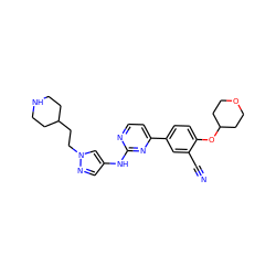 N#Cc1cc(-c2ccnc(Nc3cnn(CCC4CCNCC4)c3)n2)ccc1OC1CCOCC1 ZINC000146442791