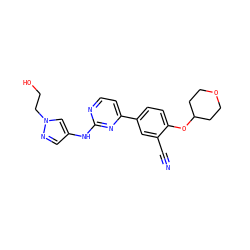 N#Cc1cc(-c2ccnc(Nc3cnn(CCO)c3)n2)ccc1OC1CCOCC1 ZINC000146504070