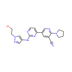 N#Cc1cc(-c2ccnc(Nc3cnn(CCO)c3)n2)cnc1N1CCCC1 ZINC000221216801