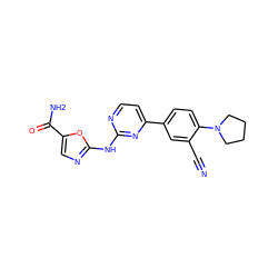 N#Cc1cc(-c2ccnc(Nc3ncc(C(N)=O)o3)n2)ccc1N1CCCC1 ZINC000113875315