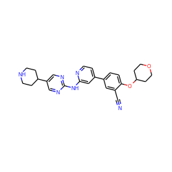 N#Cc1cc(-c2ccnc(Nc3ncc(C4CCNCC4)cn3)c2)ccc1OC1CCOCC1 ZINC000146473850