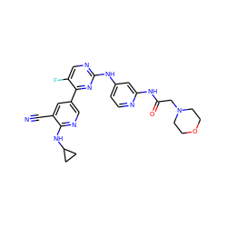 N#Cc1cc(-c2nc(Nc3ccnc(NC(=O)CN4CCOCC4)c3)ncc2F)cnc1NC1CC1 ZINC000221190220