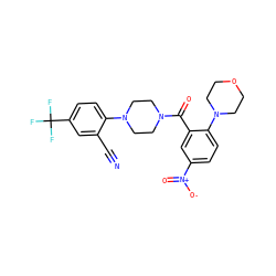 N#Cc1cc(C(F)(F)F)ccc1N1CCN(C(=O)c2cc([N+](=O)[O-])ccc2N2CCOCC2)CC1 ZINC000038310720