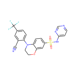 N#Cc1cc(C(F)(F)F)ccc1N1CCOc2cc(S(=O)(=O)Nc3ccncn3)ccc21 ZINC000205731124