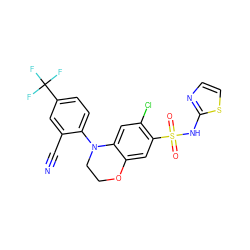 N#Cc1cc(C(F)(F)F)ccc1N1CCOc2cc(S(=O)(=O)Nc3nccs3)c(Cl)cc21 ZINC000205724898