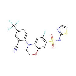 N#Cc1cc(C(F)(F)F)ccc1N1CCOc2cc(S(=O)(=O)Nc3nccs3)c(F)cc21 ZINC000205735456