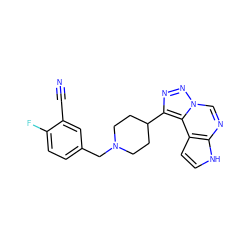 N#Cc1cc(CN2CCC(c3nnn4cnc5[nH]ccc5c34)CC2)ccc1F ZINC001772580330