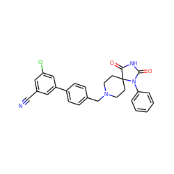 N#Cc1cc(Cl)cc(-c2ccc(CN3CCC4(CC3)C(=O)NC(=O)N4c3ccccc3)cc2)c1 ZINC000028704573