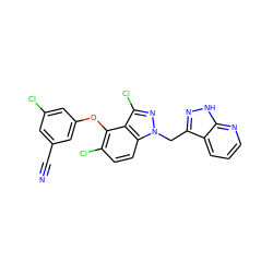 N#Cc1cc(Cl)cc(Oc2c(Cl)ccc3c2c(Cl)nn3Cc2n[nH]c3ncccc23)c1 ZINC000073220531