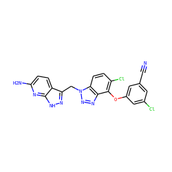 N#Cc1cc(Cl)cc(Oc2c(Cl)ccc3c2nnn3Cc2n[nH]c3nc(N)ccc23)c1 ZINC000043198485