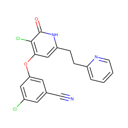 N#Cc1cc(Cl)cc(Oc2cc(CCc3ccccn3)[nH]c(=O)c2Cl)c1 ZINC000140192480