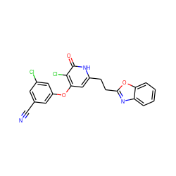 N#Cc1cc(Cl)cc(Oc2cc(CCc3nc4ccccc4o3)[nH]c(=O)c2Cl)c1 ZINC000140203481