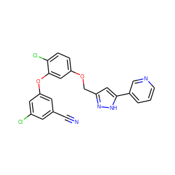 N#Cc1cc(Cl)cc(Oc2cc(OCc3cc(-c4cccnc4)[nH]n3)ccc2Cl)c1 ZINC000072110844