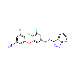 N#Cc1cc(Cl)cc(Oc2cc(OCc3n[nH]c4ncccc34)cc(F)c2Cl)c1 ZINC000034891726