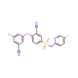 N#Cc1cc(Cl)cc(Oc2ccc(S(=O)(=O)Nc3ccc(F)cn3)cc2C#N)c1 ZINC000473194862