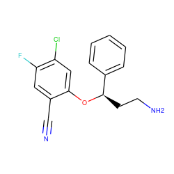 N#Cc1cc(F)c(Cl)cc1O[C@H](CCN)c1ccccc1 ZINC000071281182