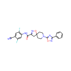 N#Cc1cc(F)c(NC(=O)C2=NOC3(CCN(c4nc(-c5ccccc5)no4)CC3)C2)cc1F ZINC000095577617