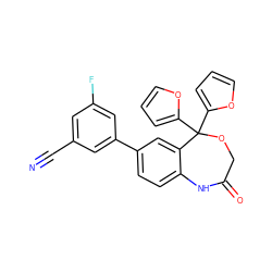 N#Cc1cc(F)cc(-c2ccc3c(c2)C(c2ccco2)(c2ccco2)OCC(=O)N3)c1 ZINC000045497559