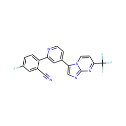 N#Cc1cc(F)ccc1-c1cc(-c2cnc3nc(C(F)(F)F)ccn23)ccn1 ZINC000028569707